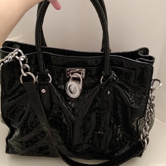 Michael Kors Hamilton Croc Embossed Patent Leather Bag Purse - Picture 3 of 17